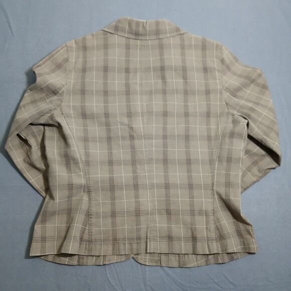 Talbots Women 14 Brown Plaid 100% Cotton V Neck Blazer Office Business - Picture 2 of 12